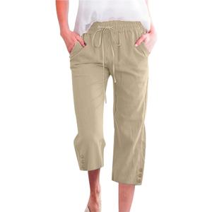 Schine Women Cozy Capri Pants Lightweight High Waist Elastic Drawstring Pants with Pockets Loose Button Trim Cropped Trousers (Beige, XXL)