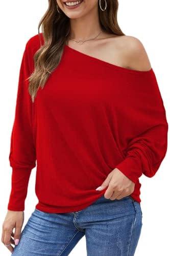 Aifer Women's Off The Shoulder Tops Sexy Long Sleeve Shirts Oversized Fashion Casual Batwing Sweaters Pullover Tunic Tops L