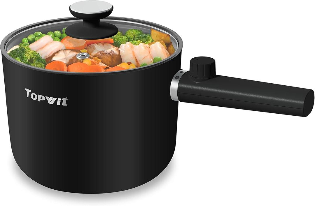 Topwit Hot Pot Electric, 1.5L Ramen Cooker, Portable Non-Stick Frying Pan, Electric Pot for Pasta, Steak, BPA Free, Electric Cooker with Dual Power Control, Over-Heating & Boil Dry Protection, Black (1.6 Quarts)