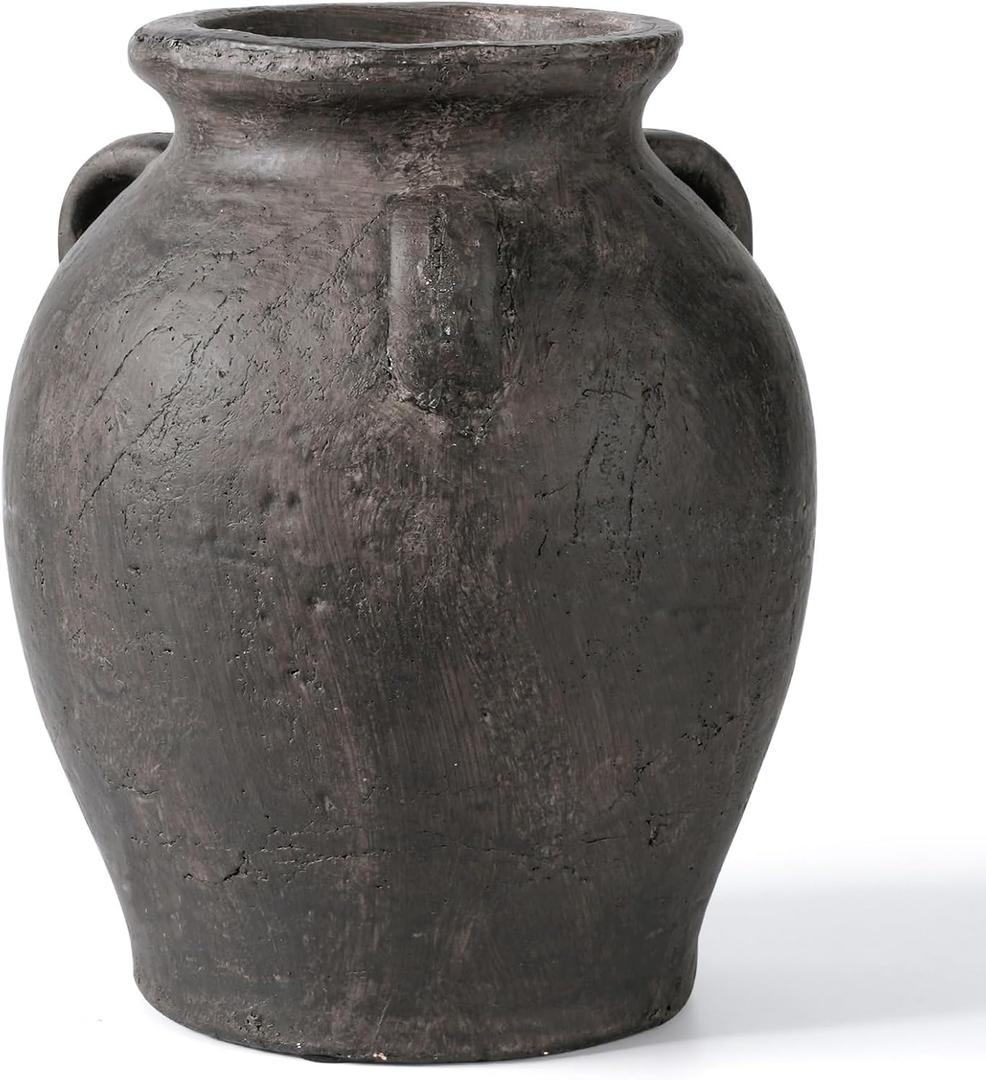 Rustic Ceramic Distressed Vase, 9.5"H Handmade Terracotta Vases with 3 Ear Handles, Decorative Flower Vase for Centerpieces, Vintage Wabi Sabi Farmhouse Decor for Entryway, Fireplace & Shelf
