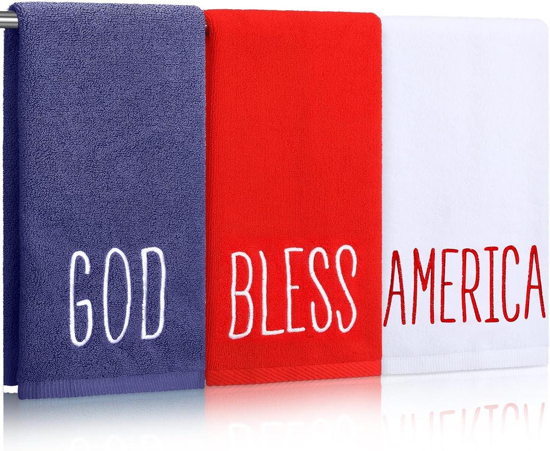 FuWeave 3 Pcs Patriotic Hand Towels 13.7 x 29.5 Inch 4th of July 250th Anniversary Embroidered Cotton Red Blue White God Bless America Bathroom Kitchen Dish Towel for Independence Memorial Day Decor