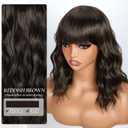 Wavy Wig with Bangs Olive Brown Bob Curly Hair Wigs for Women Realistic Shoulder Length Style Synthetic Heat Resistant Wig Suitable for Wear for Beginners