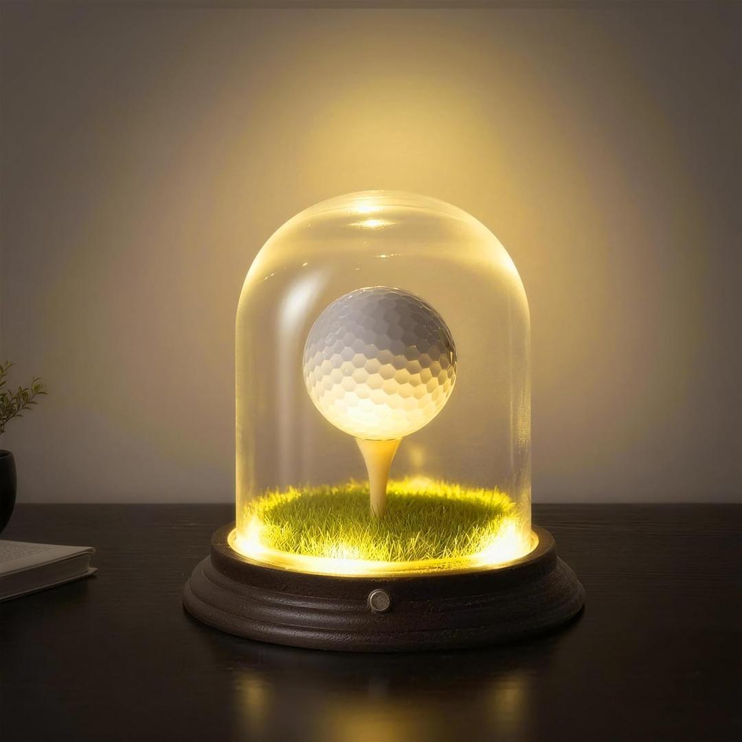 Illuminated Golf Ball Display Case,Hole in One Golf Ball Display Case,Clear Glass Memorabilia Stand with Wood Base,Single Golf Ball Holder for Souvenirs & Collections (Golf Balls Not Included)