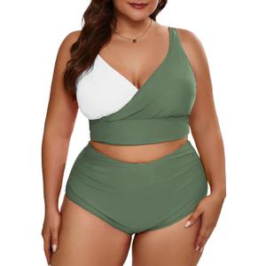 Eytino Womens Plus Size Bikini Sets High Waisted V Neck Bahting Suits Two Piece Color Block Swimsuits(1X)