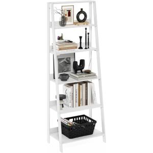 Furinno Ladder Book Shelf, 6-Tier Ladder Shelf, Open Design Bookshelf, Display Storage Bookcase, 14.8" x 23.6" x 66.2", Living Room, Home Office, White