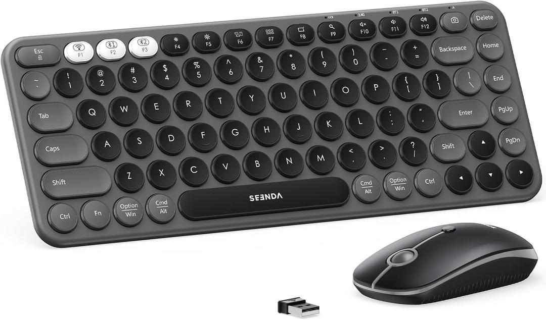seenda Bluetooth Wireless Keyboard and Mouse Combo, COE203 Quiet Round Keycaps, 3-Device Multi-Connection, Bluetooth & 2.4G USB Receiver, Wide Compatibility with iPad/Tablet/Laptop/Mac/Windows, Black