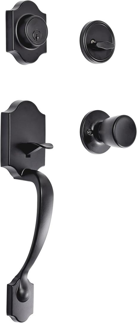Amazon Basics Front Door Lock Set, Handleset with Tulip Knob, Level Door Handle, Exterior, Single Cylinder,Matte Black, 1-Pack
