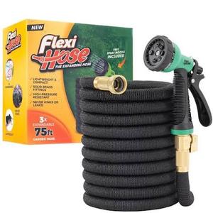 Flexi Hose with 8 Function Nozzle, 75FT - Lightweight Expandable Garden Hose, No-Kink Flexibility, 3/4 Inch Solid Brass Fittings and Double Latex Core - Black and Green