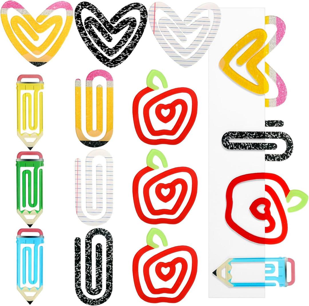 AmazingSpark 12 Pcs Jumbo Teacher Acrylic Paper Clips Pencil Paperclip Design Bookmark Gift Set for Book Lovers Teacher Appreciation Back to School Supplies Office School Gift Ideas