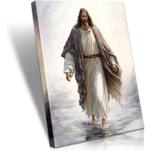 Framed Jesus Wall Art Decor Walking In The Water Canvas Christian Religious Jesus Canvas Wall Decoration Bible Picture Poster Printing Living Room Painting Bedroom Church Ready To Hang.