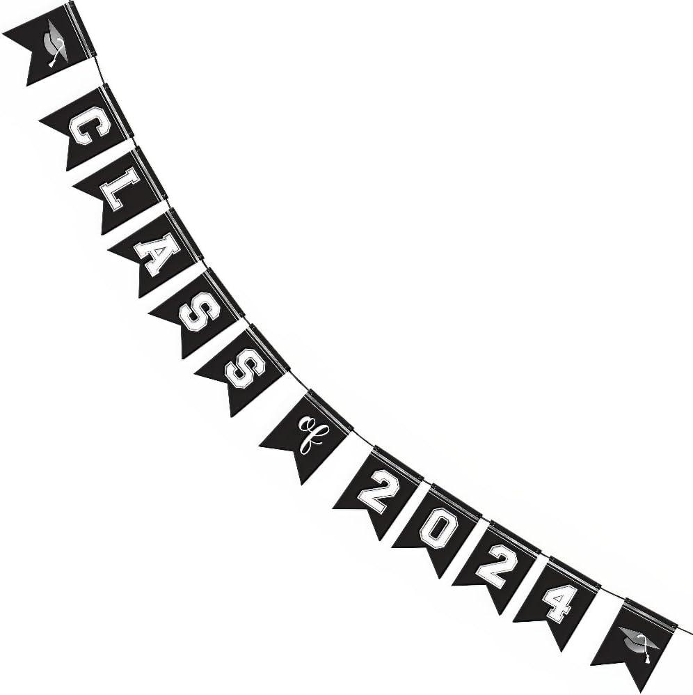 Stylish Grad Class of 2024" Premium Paper Pennant Banner - 12 ft x 9" (1 Pack) - Perfect for Graduation Parties and Commemorative Event Decorations, White