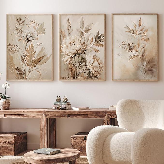 Beige Abstract Flower Canvas Wall Art Decor - Botanical Prints & Flower Painting - 16x24inx3pcs No Frame