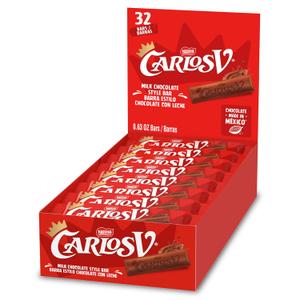 Carlos V Milk Chocolate Style Full-Size Mexican Candy Bar, Bulk Candy Box, Made in Mexico, 32 Count (EXP 06/30/26)
