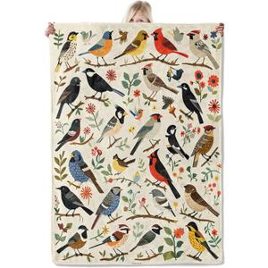 Colorful Bird Flannel Blanket 50x60in, Cute Nature Throw with Whimsical Songbirds and Floral Branches, Soft Lightweight Blankets for Birds Lovers, Spring Decor, Cottagecore Gifts