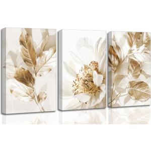 3 Pcs Modern White Floral Golden Leaves Canvas Wall Art Neutral Boho Beige Botanical Painting Pictures Nordic Wall Decor Posters Print Artwork for Bedroom Living Room Office Home Decoration, 16x24 Inches 