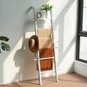Taozun 67-Inch Farmhouse Blanket Ladder with Shelf and Hooks, 5-Tier Wooden Wall Leaning Towel Quilt Rack Holder for Living Room Decor (Wash White)