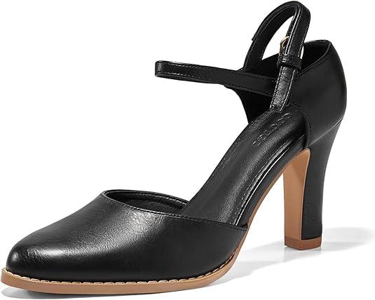 Coutgo Womens Chunky High Heels Closed Pointed Toe Ankle Strap Pumps Vintage D'Orsay Dress Party Shoes 7