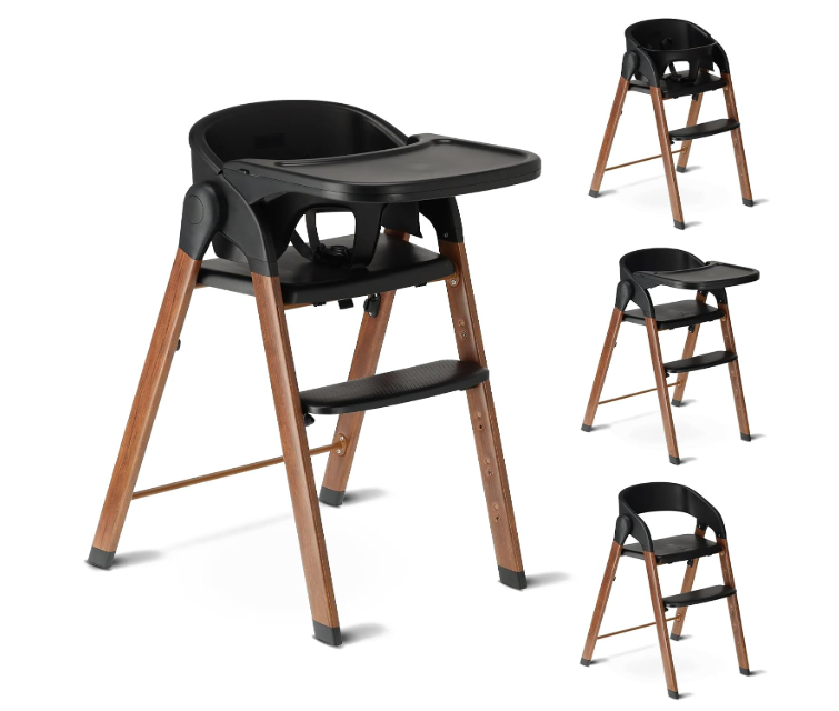 Deryan High Chair Baby Toddler Foldable Wooden High Chair with 5 Point Strap Height Adjustable Folding Includes Safety Belt and Tray 6 Months to 3 Years (110 kg) Black/Wood