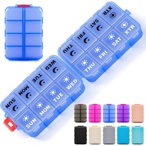 Foldable Weekly Pill Organizer 2 Times a Day with 2 Extra Compartments (Clear Printed Labels) - 7 Day AM PM Medicine Box, Week Daily Travel Pill Case Holder for Vitamin, Supplement - Clear Blue
