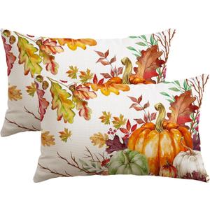 Artscope Fall Decorative Throw Pillow Covers 12x20 Inch Set of 2, Watercolor Pumpkin Fallen Leaves Outdoor Farmhouse Pillow Cases for Home Sofa Couch-Orange