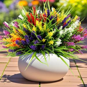 Geegoods Artificial Plants Flowers Outdoor 24 Bundles UV Resistant Faux Lavender Flowers with Monkey Grass for Garden Porch Window Patio Hanging Planter Decor