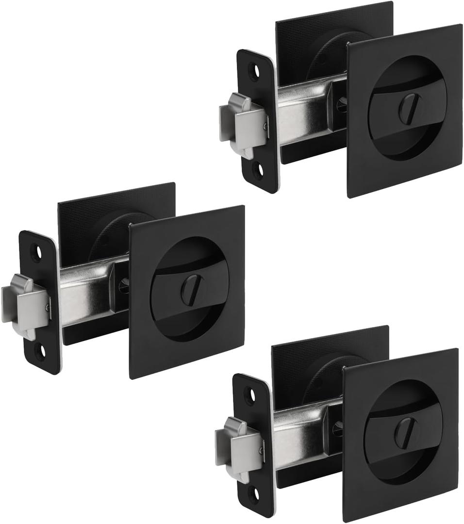 goldenwarm Matte Black Square Pocket Door Lock, Pocket Door Hardware for 2-1/8'' Round Bore Hole, Pocket Door Handles Fit 1-1/4'' to 2'' Thickness Sliding Door 2-3/8'', Classic 3 Pack, Square, Matte Black