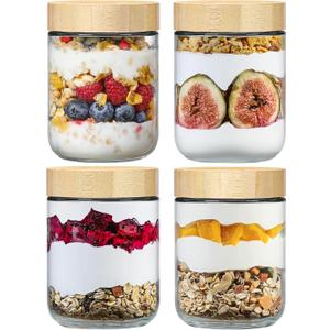 NETANY 4-pack 16oz Glass jars with Airtight Lids, Overnight Oats Containers with Bamboo Lids, Wide mouth Mason Salad jars, Glass Food Storage Containers for Snacks Yogurt Spice Sugar