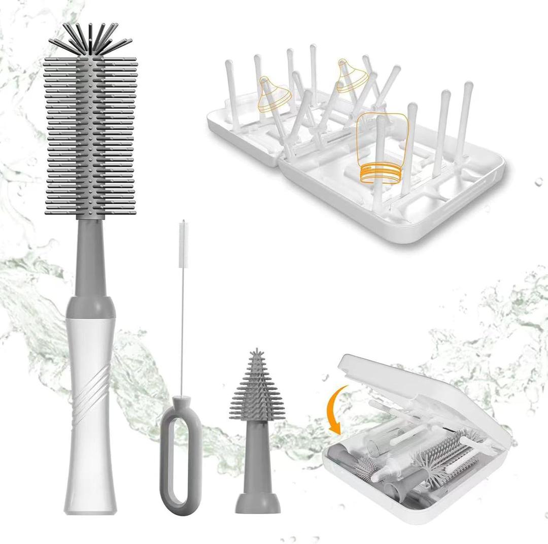 Baby Bottle Brush Set,Travel Essential-6 in 1 Bottle Cleaner Kit with Silicone Bottle Brush,Nipple Cleaner Brush,Straw Brush,Soap Dispenser,Storage Box,Bottle Drying Rack,Ideal Gifts (Manual Gray)