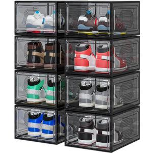 8 Pack Thicken & Clear Shoe Boxes Organizer with Magnetic Door, Stackable Storage Boxes for Shoes, Boot, Sneaker - Harder Plastic Shoe Storage Stackable Shoe Boxes for Closet Shoes Wall, Black