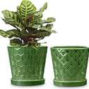 BUYMAX Plant Pots Indoor 6 inch Ceramic Flower Pot with Drainage Hole and Ceramic Tray - Gardening Home Desktop Office Windowsill Decoration Gift, Set of 2(Patina)