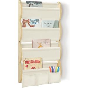 Wooden Wall Mounted Bookshelf for Kids Rooms, 4 Tier Floating Nursery Book Shelf, Kids Bookshelf with 2 Pockets, Toddler Sling Book Rack with Deep Sleeves (Beige)