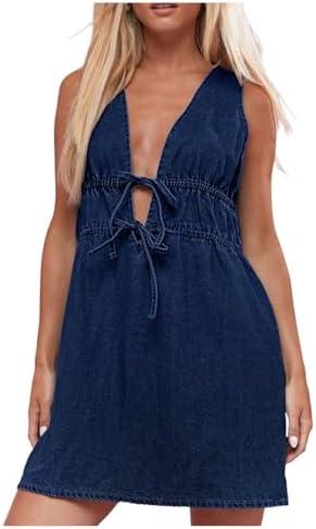 Milumia Women's Bow Tie Plunge V Neck Sleeveless Straight Denim Short Dresses 3XL