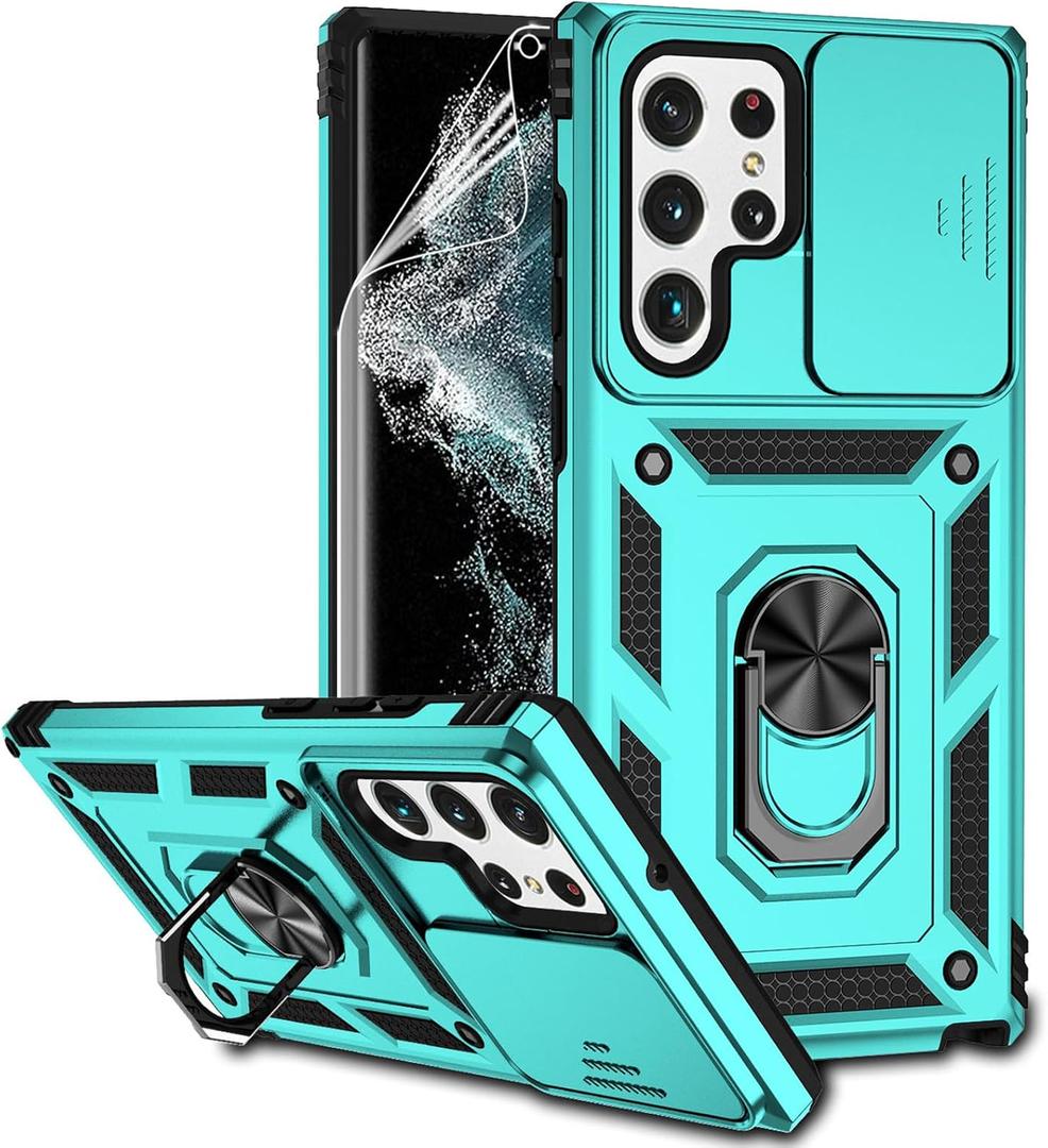 for Samsung Galaxy S22 Ultra Case with Camera Lens Cover HD Screen Protector,Military-Grade Drop Tested Magnetic Ring Holder Kickstand Protective Phone Case for Samsung Galaxy S22 Ultra 5G (Mint)