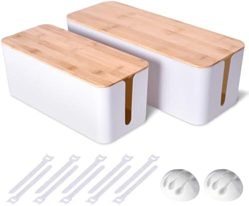 2 Pack Large Cable Management Box – Wooden Style Cord Organizer and Cover for TV Wires, Computer, Router, USB Hub and Under Desk Power Strip – Safe ABS Material and Baby-Pets Proof Lock (White)