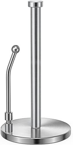 SMARTAKE Paper Towel Holder, Paper Towel Dispenser Standing Weighted Base Non Slip, Spring Arm for Easy Tear, Stainless Steel Paper Towel Holder for Home Kitchen Countertop Tabletop, Silver