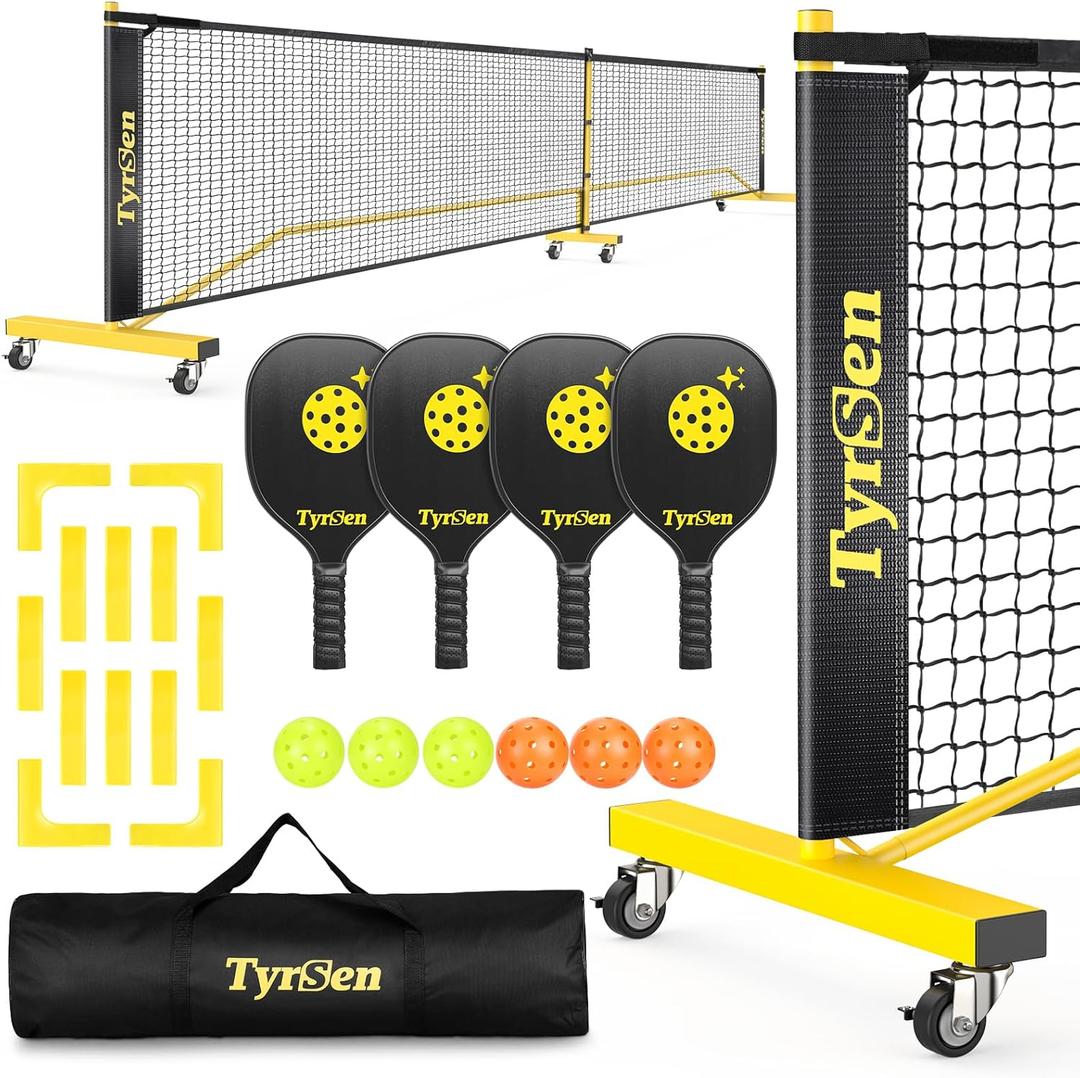 Pickleball Net Set, Pickleball Net on Wheels for Driveway Backyard, 22FT Regular Size, 4 Pickleball Paddles & 6 Balls, 12 Court Markers, 1 Carry Bag, Pickleball Set for Indoor Outdoor Play