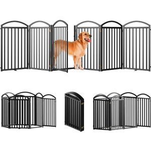 SNUOWU 6 Panels Full Matel Freestanding Dog Gates with Door, 144"Extra Wide 36"Tall Free-Standing Dog Pet Gate for Indoor & Outdoor. Foldable Pet Fences for Doorways, House, Stairs, Porch, Deck, Yard