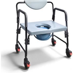 Bedside Commode - Rolling Shower Chair with Wheels - Portable Toilet for Elderly - Rear Locking Wheels 7-qt Commode Bucket Included, HDB-601A