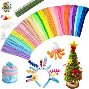 300Pcs Pipe Cleaners,Chenille Stems Crafts Kits with Pom Poms White Ribbon Elastic String Pearls Artificial Flower Stems and Stamens Pipe Cleaner for DIY Art,Craft Supplies