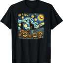 Halloween Van Gogh Starry Night Pumpkin Black Cat Costume T-Shirt