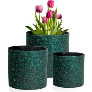 Meowell 8/7/6 inch Plant Pots, 3 Pack Cylindrical Flower Pots for Outdoor Indoor Plants, Decorative Plastic Planters with Drainage Holes and Saucers for Garden House Plants, Black with Green Speckles