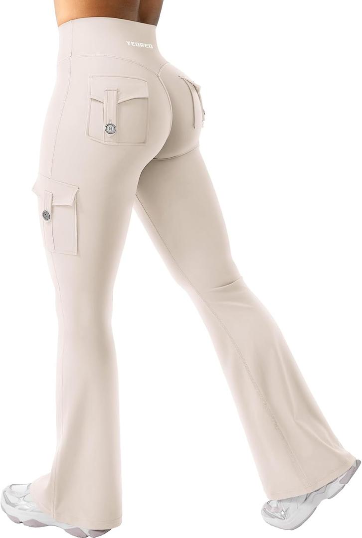YEOREO CoreFlex Women Workout Flare Leggings with Pockets Hidden Scrunch High Waisted Cargo Gym Yoga No Front Seam Leggings (M)