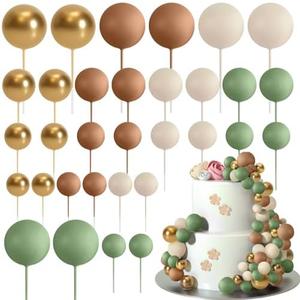 ASTARON 32 Pcs Ball Cake Topper Decorations Mini Balloons Cake Topper Sticks Foam Balls Cake Picks Cake Topper Balls Cake Decorations for Wedding Party Birthday Cake Decorating (Green Brown Gold)