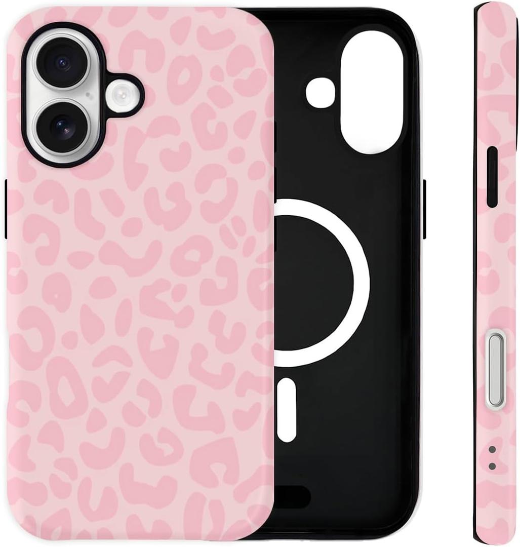 Leopard Cheetah Case for iPhone 16 Cute Magnetic Case [Compatible with MagSafe] Soft TPU and Hard PC Hybrid 2-Layer Protective Shockproof,Retro Aesthetic Case for Women Girls-Pink