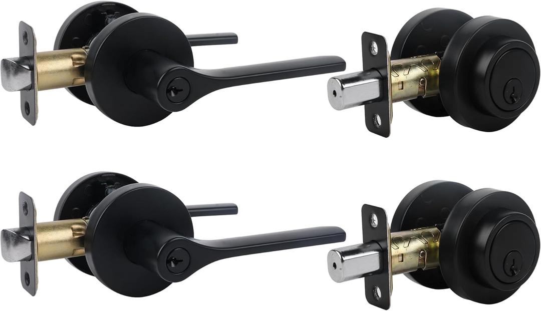 Door Handles Exterior, Keyed Entry Lever and Single Cylinder Deadbolt Combo Pack, Doorknob with Lock and Key, Round Entry Door Locksets Front Door, Matte Black (All Keyed Alike) 2Pack