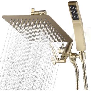 G-Promise All Metal 8-Inch Dual Square Shower Head Combo, Rain Shower Head, Handheld Shower Wand with 71-Inch Extra Long Hose, 3-Way Diverter, Adjustable Extension Arm, Brushed Gold