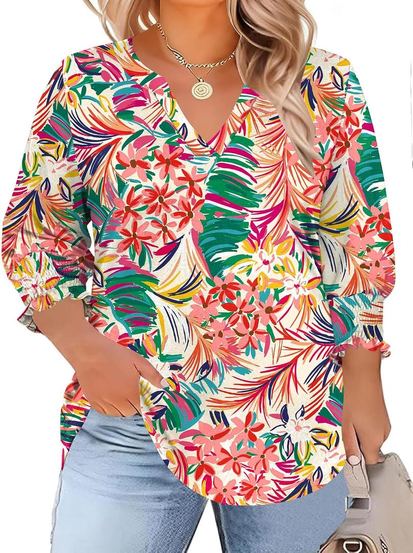 TFSDOD Womens Plus Size Tops 3/4 Sleeve Blouses Summer V Neck Shirts Smocked Cuffs Spring Outfits, 2XL