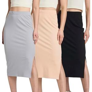 Real Essentials 2 Pack: Women's Midi Ribbed Knit Skirt with Side Slit - Stretchy Work Business Casual Pencil Pull-On Skirts Large