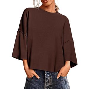 Saodimallsu Womens 3/4 Sleeve Sweaters Lightweight Crewneck Loose Pullover Casual Oversized Fall Knit Tops (S)