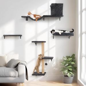 FUKUMARU Cat Wall Shelves, Stable & Safe 4 in 1 Cat Walls Furniture Set, Wooden Kitten Climbing Wall with Scratching Post for 16 Inch Drywall - Gray
